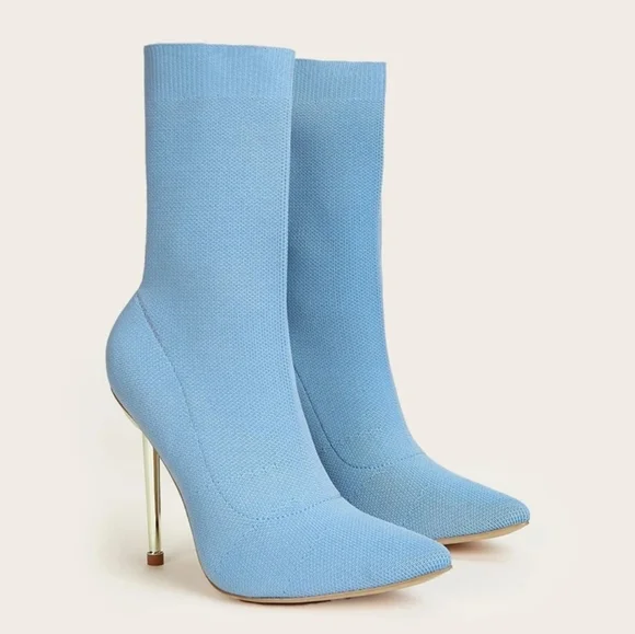 Minimalist Accent Golden Heel Pointy Toe Ankle Sock Stiletto Heeled Knit Boots - Picture 3 of 7